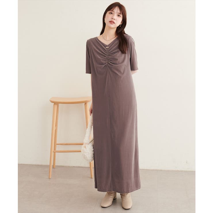 【natural couture】フロントギャザーベロア5分袖ワンピース | NICE CLAUP / OLIVE des OLIVE　OUTLET | 詳細画像17 
