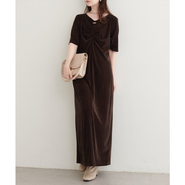 ブラウン | 【natural couture】フロントギャザーベロア5分袖ワンピース | NICE CLAUP / OLIVE des OLIVE　OUTLET