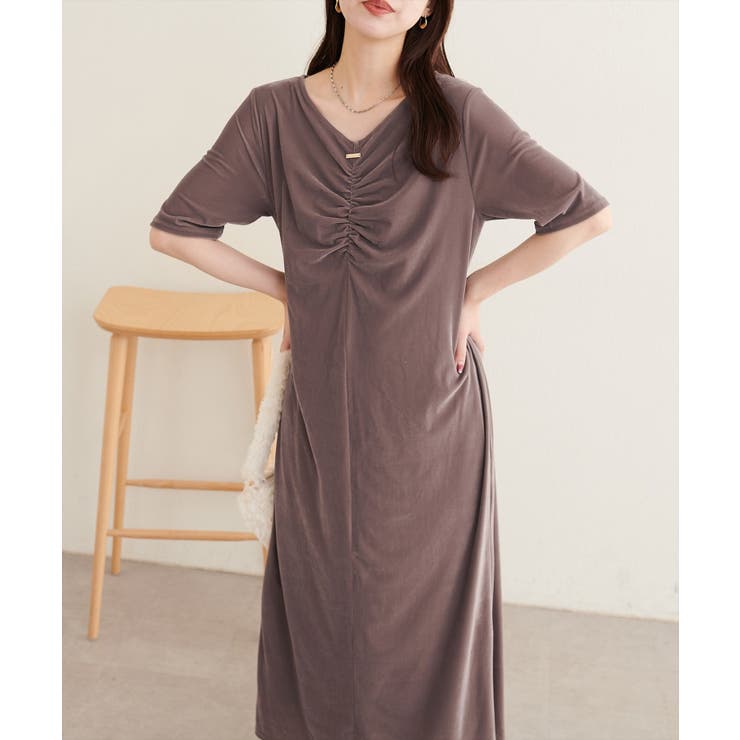 モカ | 【natural couture】フロントギャザーベロア5分袖ワンピース | NICE CLAUP / OLIVE des OLIVE　OUTLET