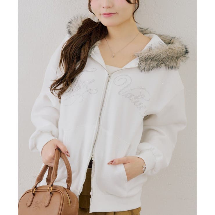 アイボリー | 【セットアップ対応】ララメ裏起毛ファー付ジップパーカー | NICE CLAUP / OLIVE des OLIVE　OUTLET
