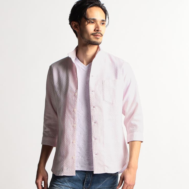 08ピンク | シアードビーチェック７分袖イタリアンカラーシャツ | NICOLE