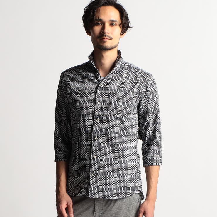 49ブラック | シアードビーチェック７分袖イタリアンカラーシャツ | NICOLE