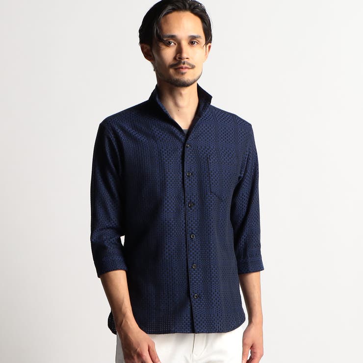 67ネイビー | シアードビーチェック７分袖イタリアンカラーシャツ | NICOLE