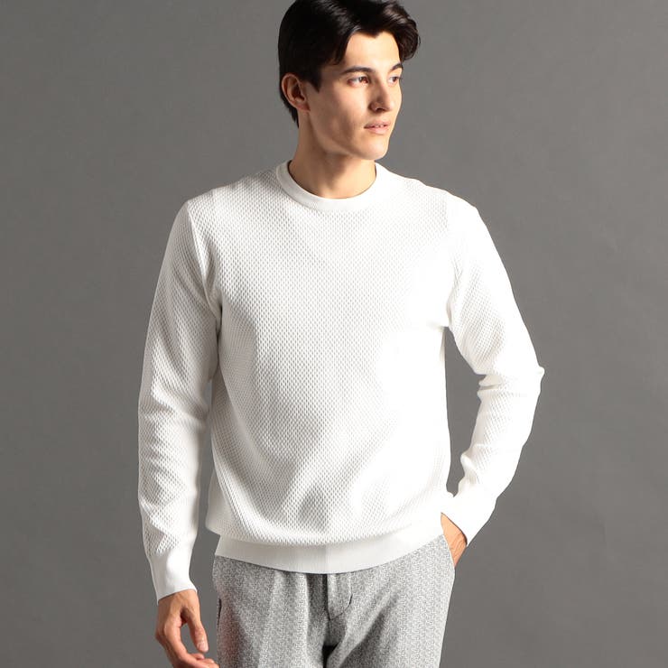 09ホワイト | ハニカムジャカード クルーネックニット | NICOLE