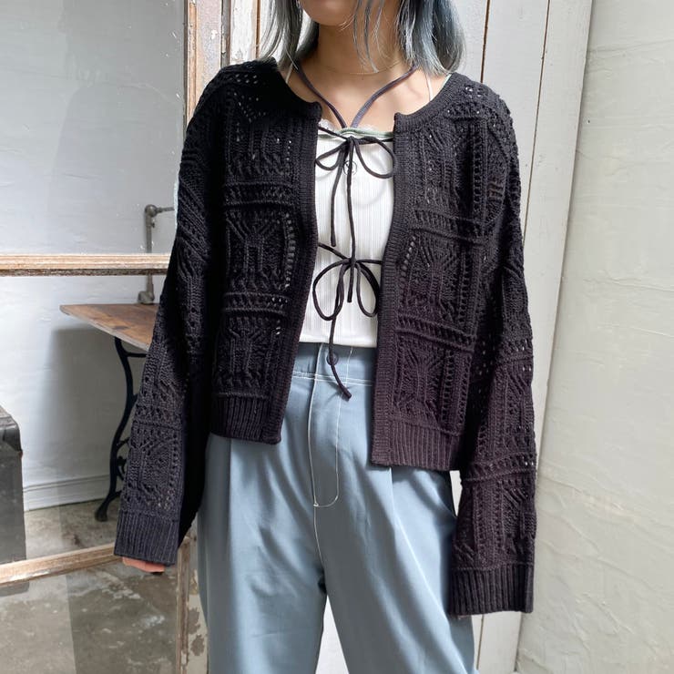 49ブラック | 透かし編みリボンカーディガン | NICOLE