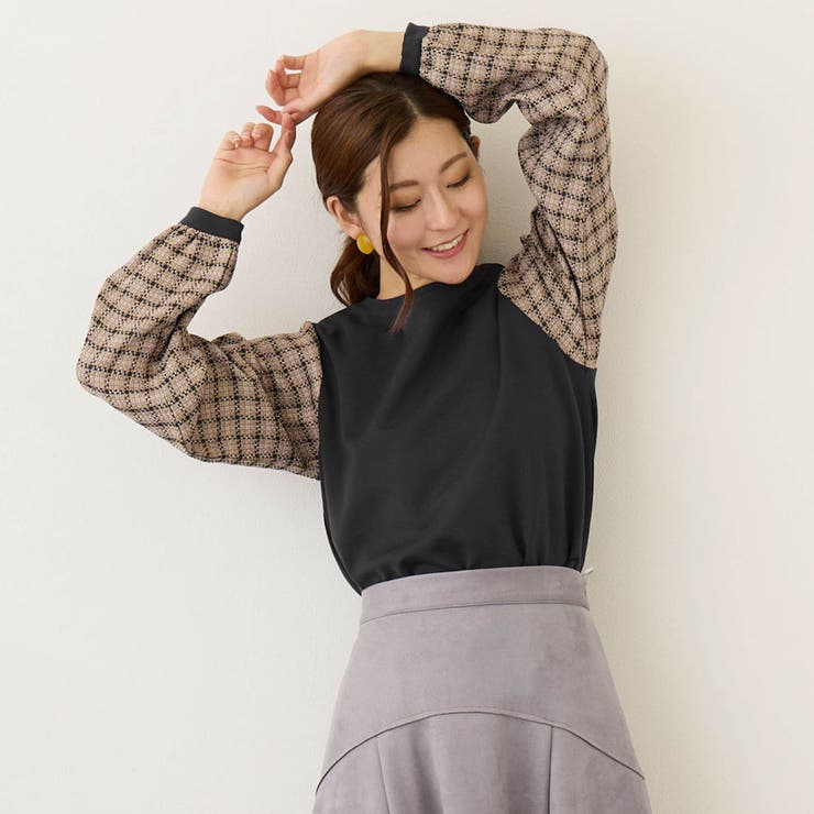 67ネイビー | 袖チェックプルオーバー | NICOLE