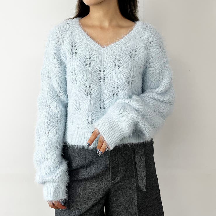 64サックス | 前後2WAY透かし編みニットプルオーバー | NICOLE