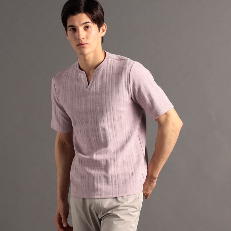 08ピンク | シャドーチェック キーネックTシャツ | NICOLE