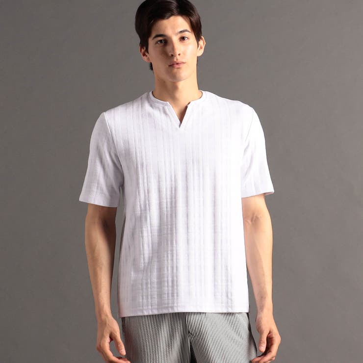 09ホワイト | シャドーチェック キーネックTシャツ | NICOLE