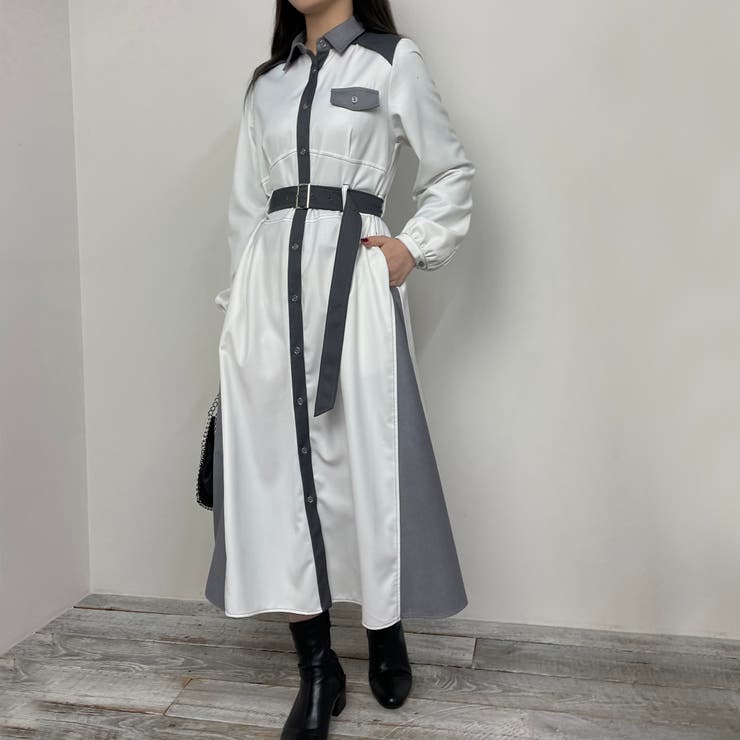 ベルト付きバイカラーヘムワンピース[品番：NICW0005294]｜NICOLE