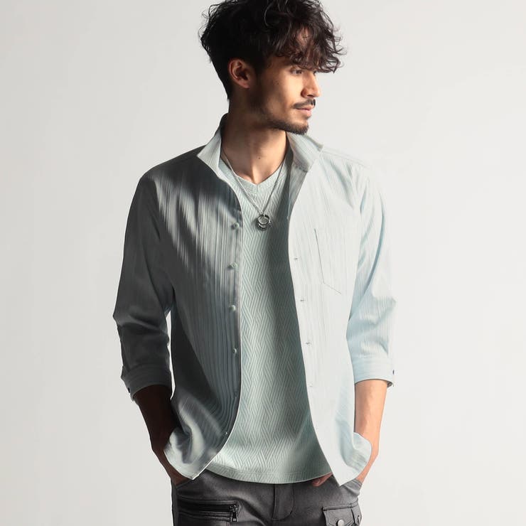 41ライトグリーン | リバーシブルドビー７分袖スタンドカラーシャツ | NICOLE