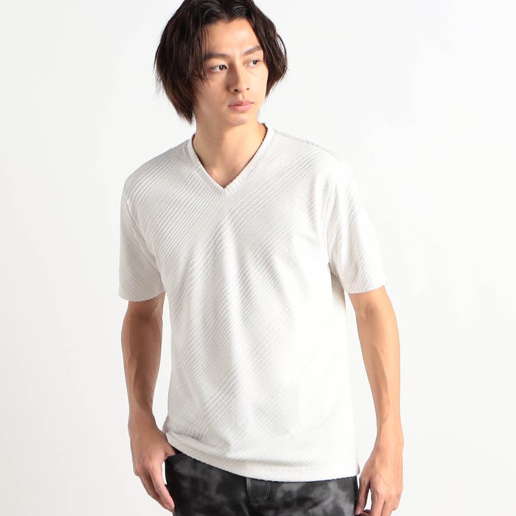 09ホワイト | ブリスターチェックジャガードＶネック半袖Ｔシャツ | NICOLE