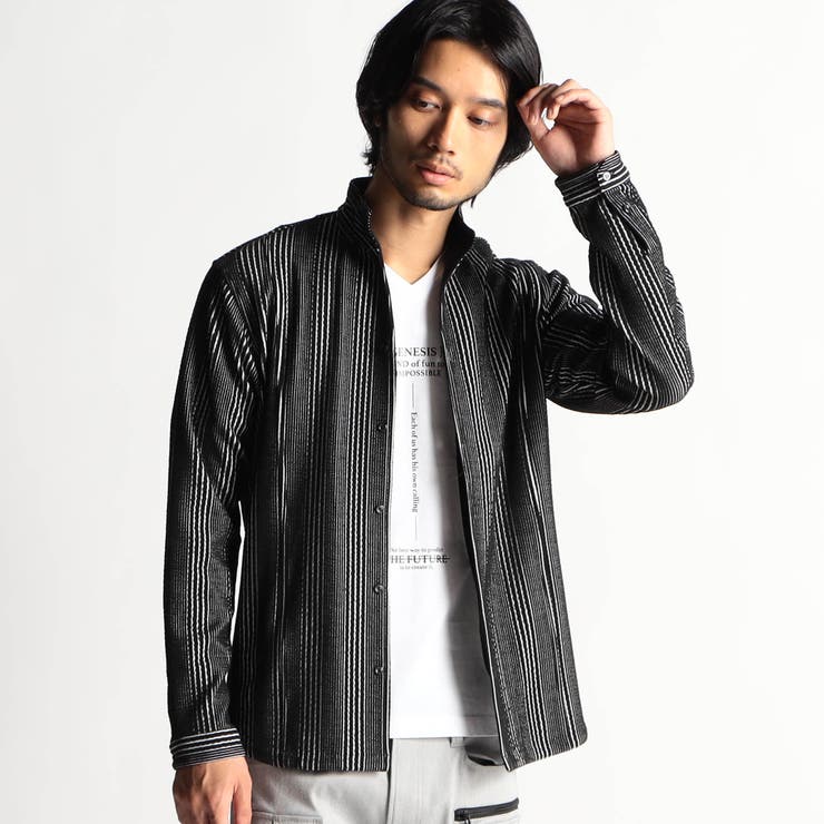 49ブラック | ブリスターストライプイタリアンカラーシャツ | NICOLE