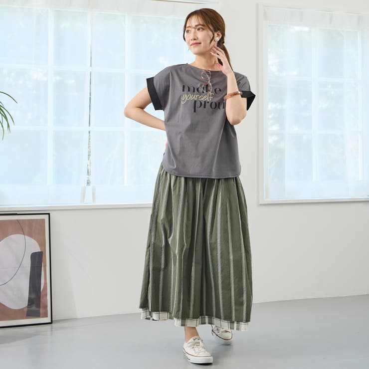 リバーシブルギャザースカート/表:チェック柄・裏:ストライプ リバーシブルギャザースカート/表:チェック柄・裏:ストライプ