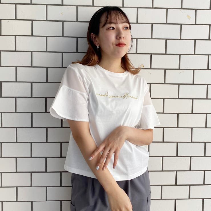 袖シアー切替 刺繍ロゴTEE[品番：NICW0005763]｜NICOLE