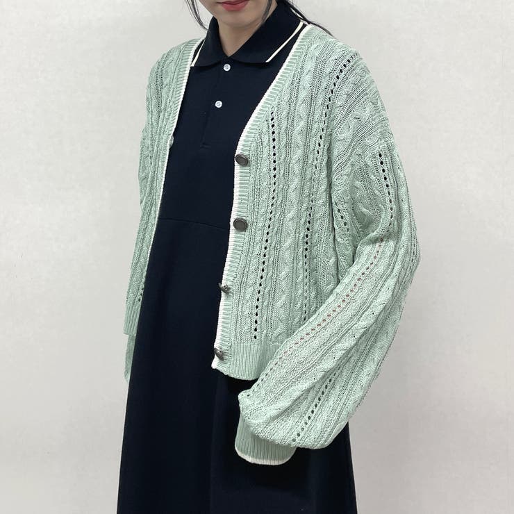 40グリーン | ライン配色スカシアミカーディガン | NICOLE