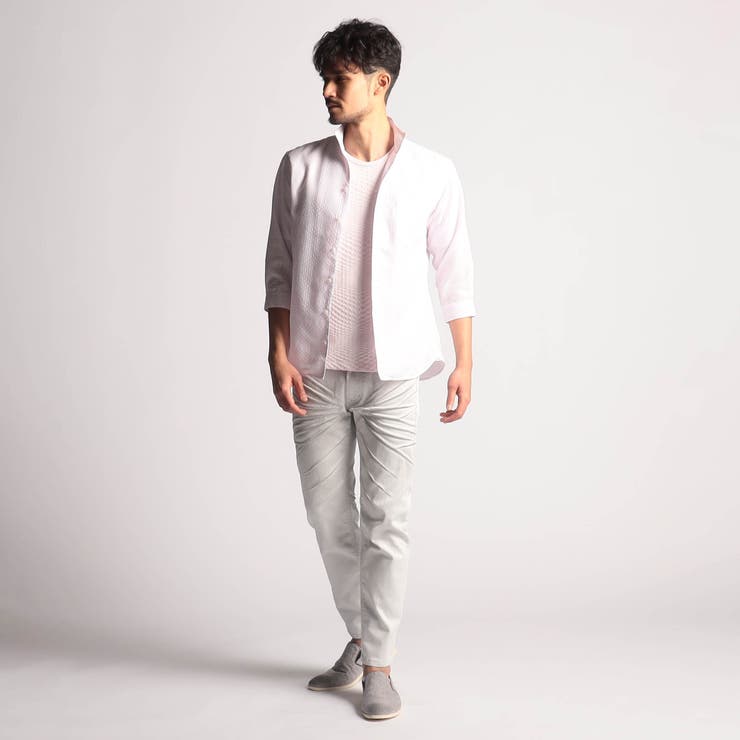 シアーチェック7分袖スタンドカラーシャツ[品番：NICW0005631