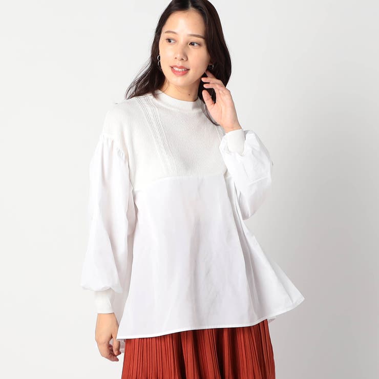 09ホワイト | ニットブラウス ドッキングプルオーバー | NICOLE