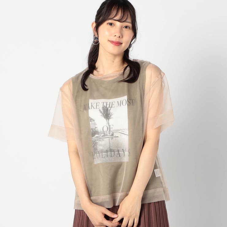 46カーキ | 【2枚セット】リゾートプリントタンクトップ+オーガンジーTEE | NICOLE
