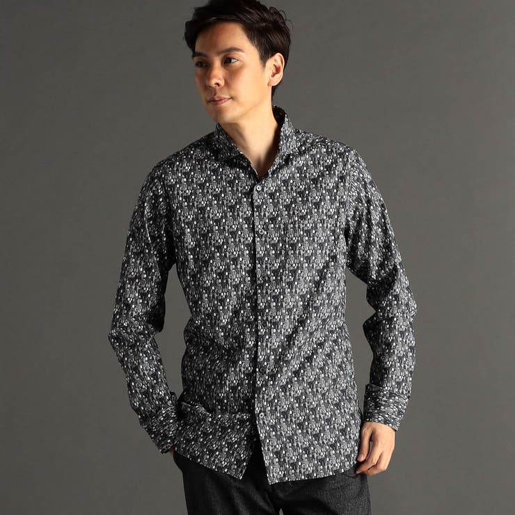 49ブラック | TEXTA ワイングラスプリントブロード カッタウェイカラーシャツ | NICOLE