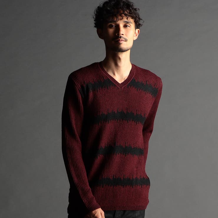 07ボルドー | ジグザグ柄ジャカード Vネックプルオーバーニット | NICOLE