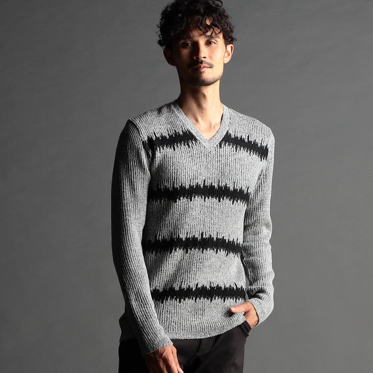 29グレー | ジグザグ柄ジャカード Vネックプルオーバーニット | NICOLE