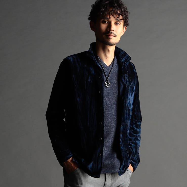 67ネイビー | ストレッチプリーツベロア スタンドシャツ | NICOLE