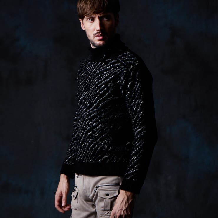 49ブラック | ゼブラ柄衿ファスナータートルネックニット | NICOLE