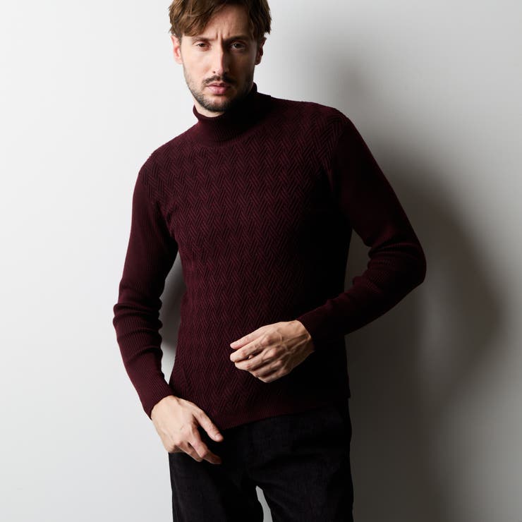 07ボルドー | バスケットジャガードタートルネックニット | NICOLE