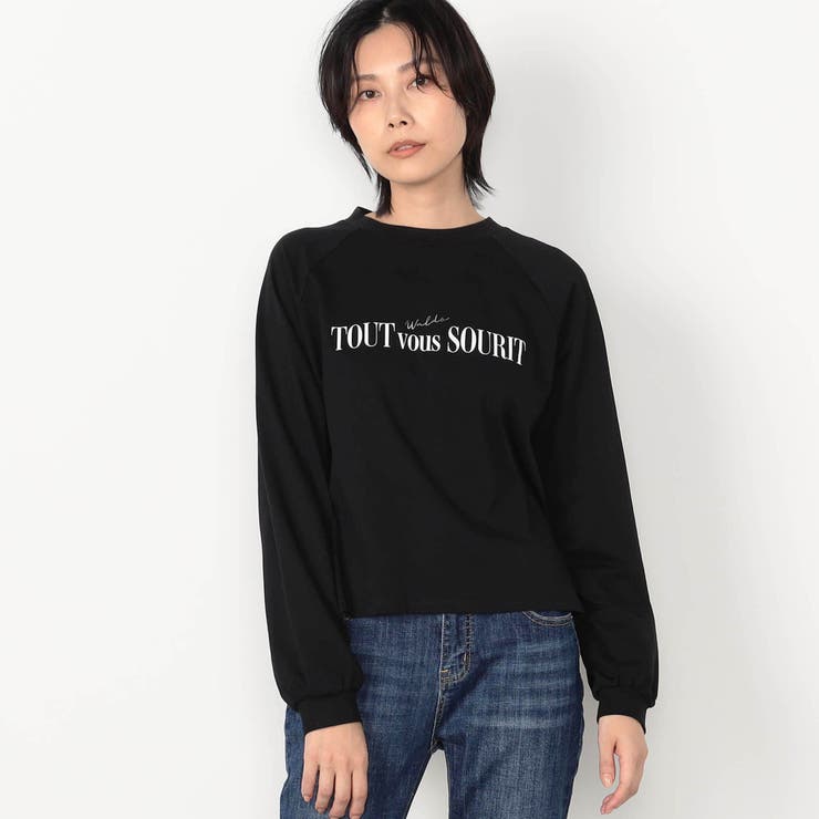 ラグランロゴ長袖Tシャツ 4568-9120 waldo ニコル ショート丈カットソー  綿100 ライトグレー 首の空きが少ない 洗える キレイ目 しっかり生地  レディース NICOLE ラグランロゴ長袖Tシャツ 4568-9120 waldo ニコル