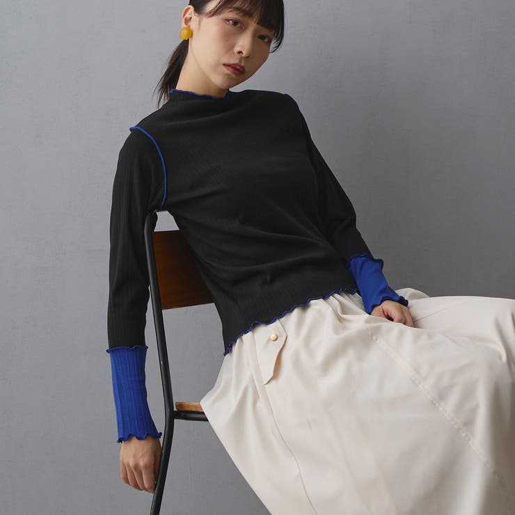 49ブラック | 袖配色ランダムリブプルオーバー | NICOLE