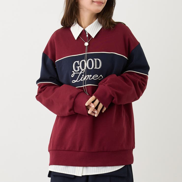 07ボルドー | ZIP付きバイカラー刺繍スウェット | NICOLE