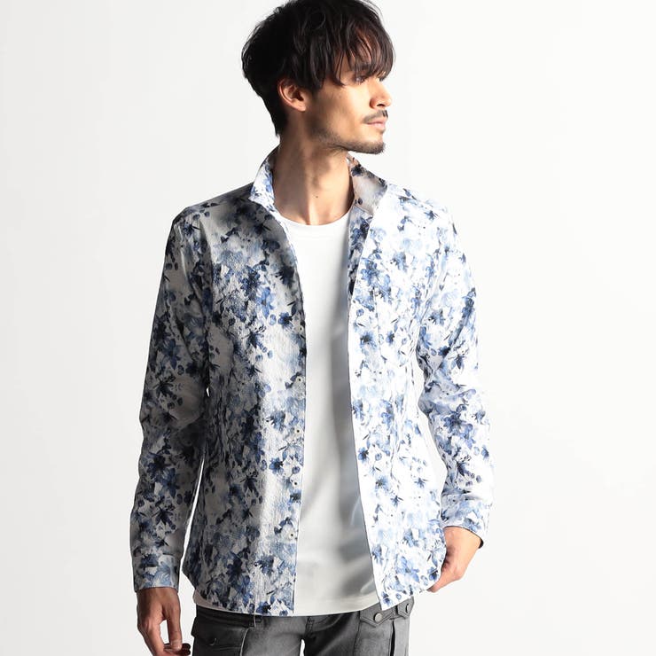 60ブルー | アラカルトプリント スタンドカラーシャツ | NICOLE