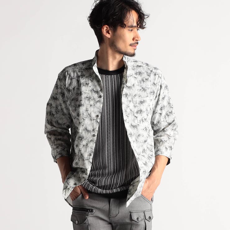 アラカルトプリント 7分袖ショートスタンドカラーシャツ[品番