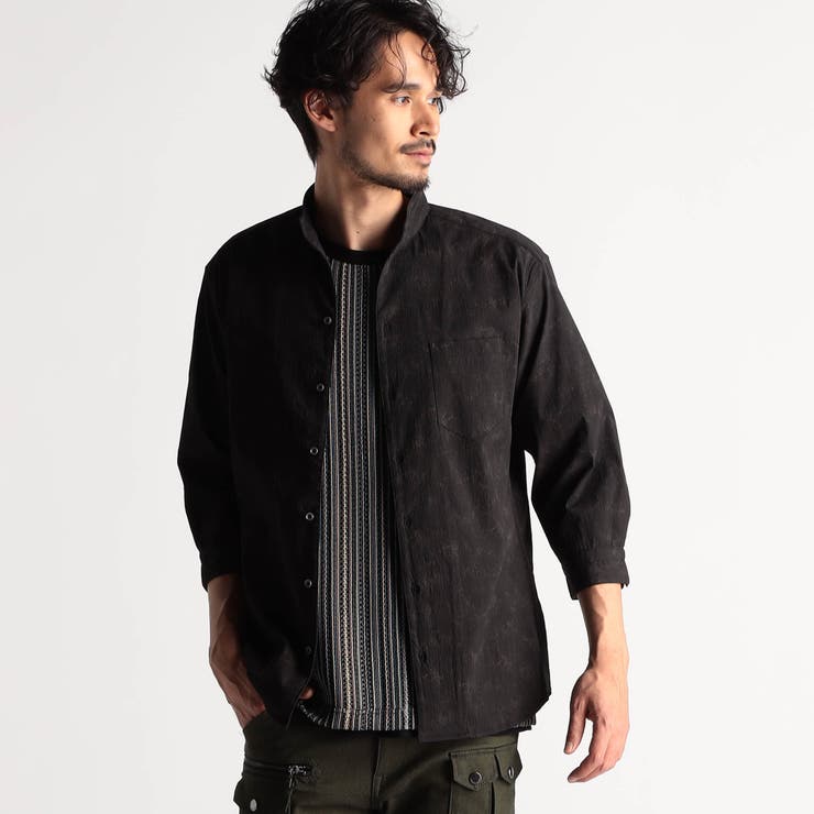 アラカルトプリント 7分袖ショートスタンドカラーシャツ[品番