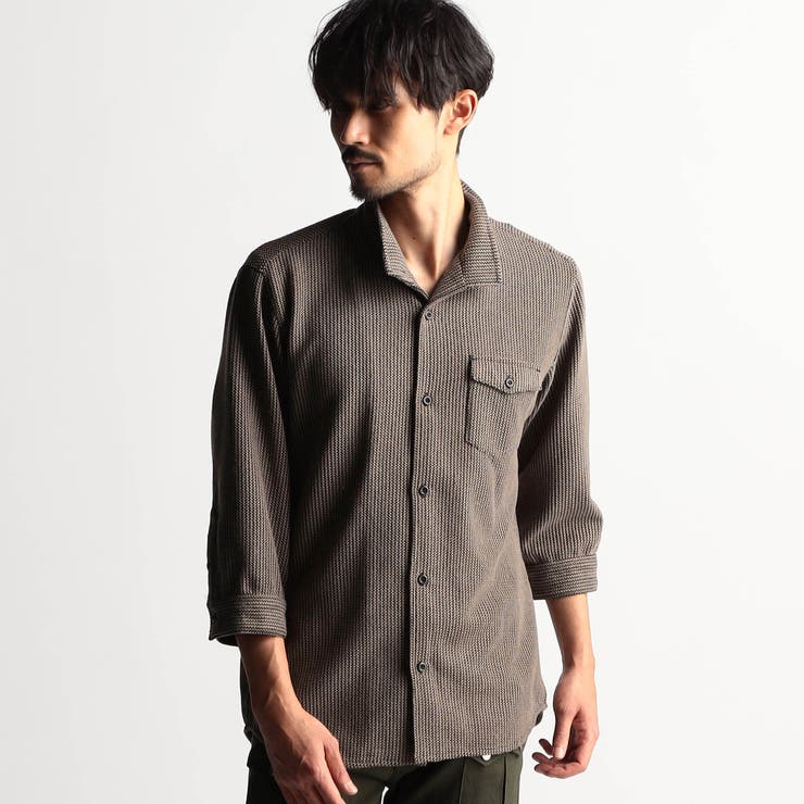 13ブラウン | ラッセルストライプスタンドカラー7分袖シャツ | NICOLE