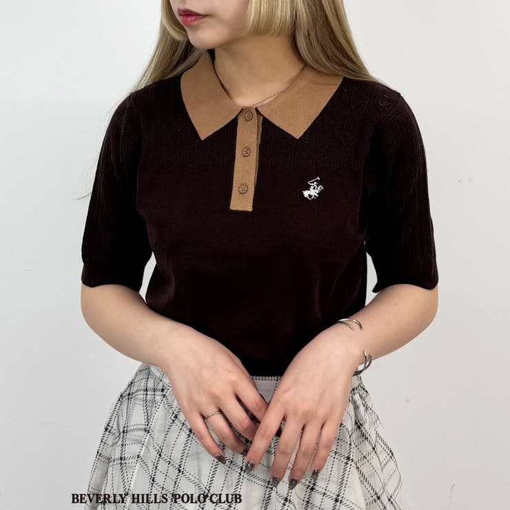 13ブラウン | 【BEVERLY HILLS POLO CLUB】透かし編みニットポロシャツ | NICOLE