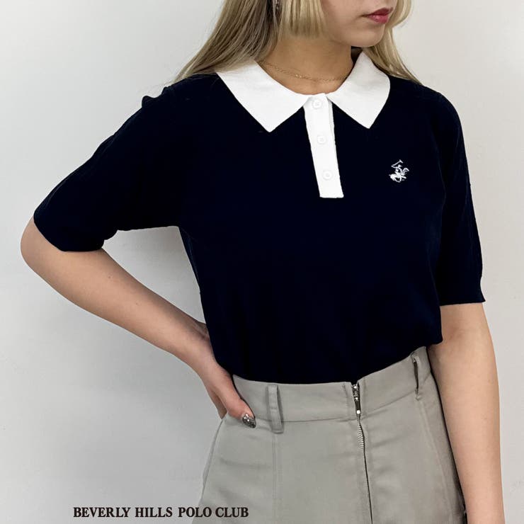 67ネイビー | 【BEVERLY HILLS POLO CLUB】透かし編みニットポロシャツ | NICOLE