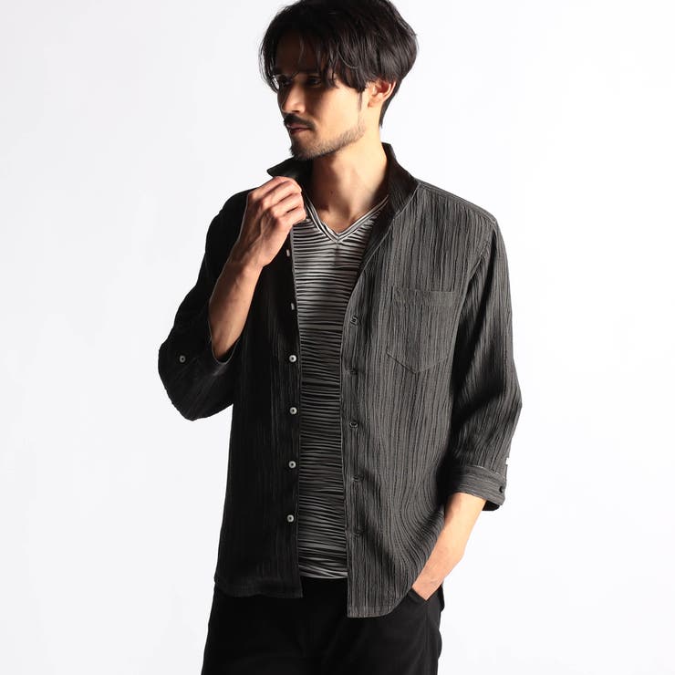 49ブラック | カラープリーツ7分袖スタンドカラーシャツ | NICOLE