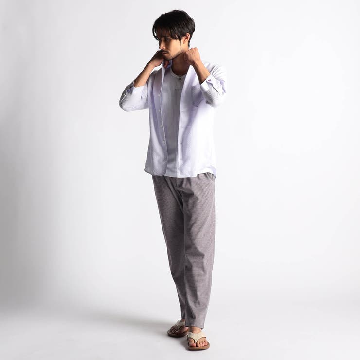 シアーチェック7分袖スタンドカラーシャツ[品番：NICW0006681