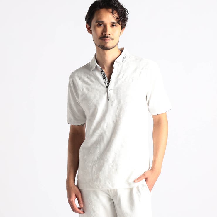 09ホワイト | 【NICOLE SPORTS】エンボスクラック柄スキッパーポロシャツ | NICOLE