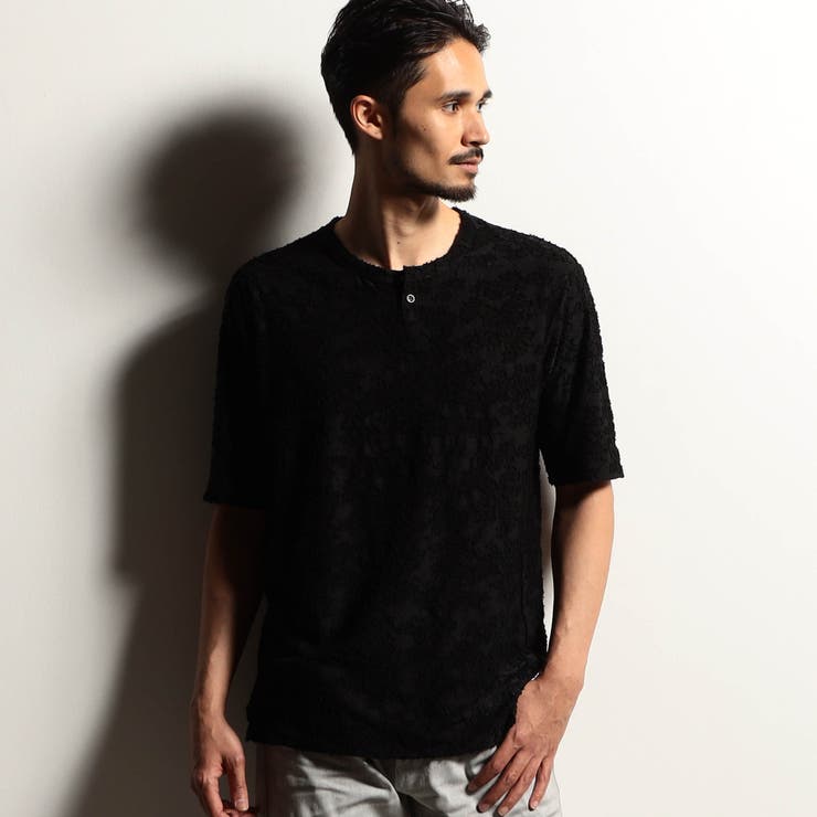 49ブラック | 【RIELABO】ブロークンシアージャカード ヘンリーネックカットソー | NICOLE