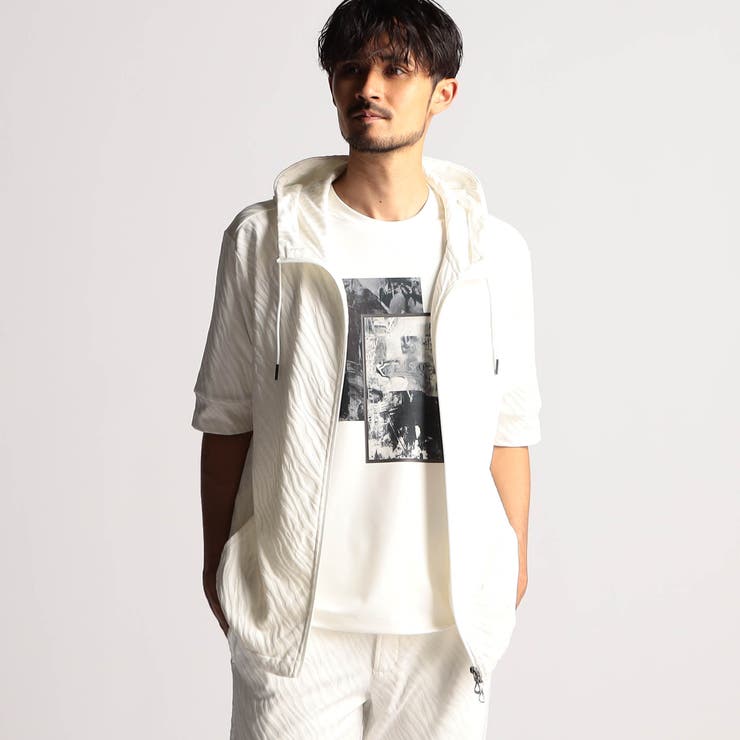 09ホワイト | アラカルトリンクスジャカード5分袖フードパーカー | NICOLE