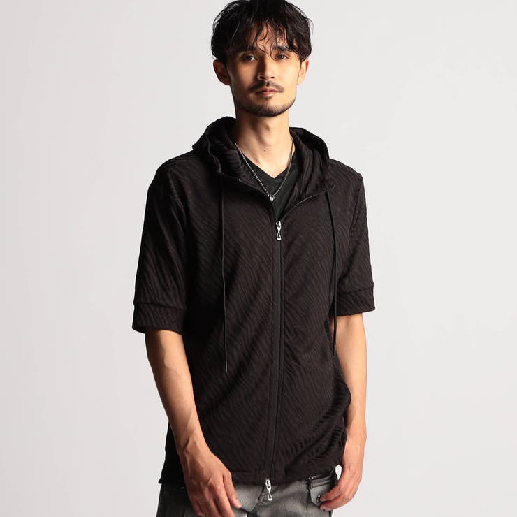 49ブラック | アラカルトリンクスジャカード5分袖フードパーカー | NICOLE