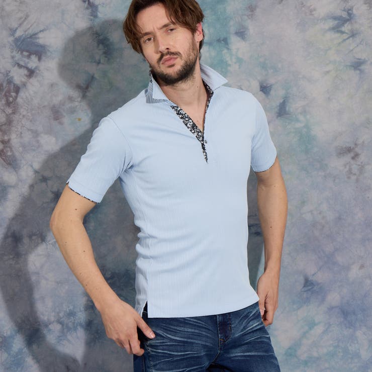 64サックス | 【WEB限定】ランダムテレコショートレギュラーカラーポロシャツ | NICOLE