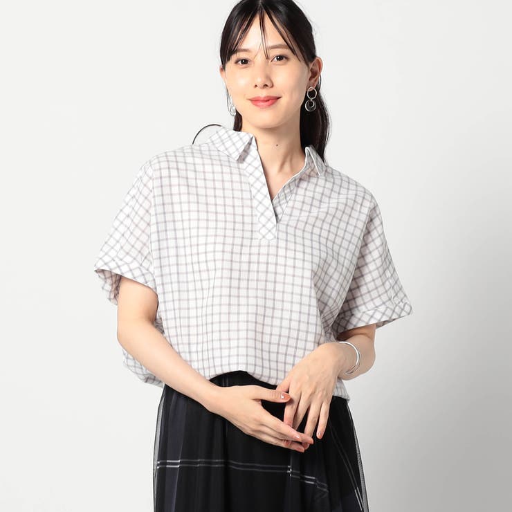 29グレー | 爽やか吸水速乾リネン 襟付きキーネックシャツ/チェック柄 | NICOLE