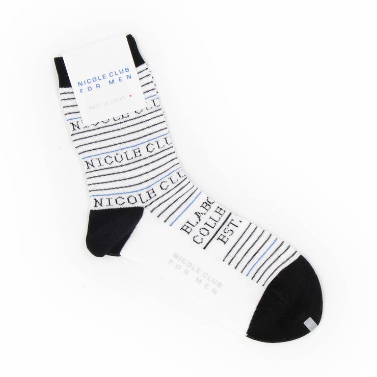 09ホワイト | ボーダー×ロゴデザイン クルーソックス | NICOLE