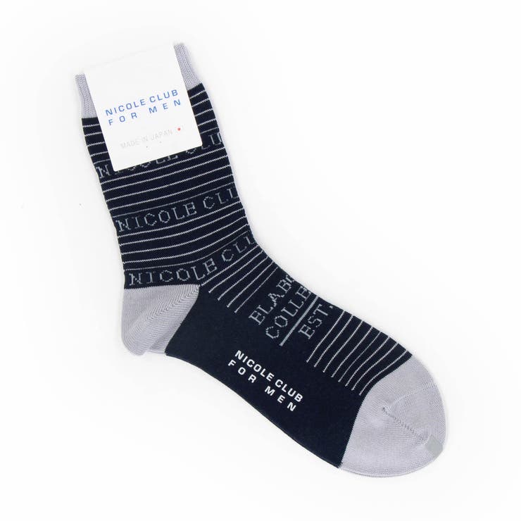 67ネイビー | ボーダー×ロゴデザイン クルーソックス | NICOLE