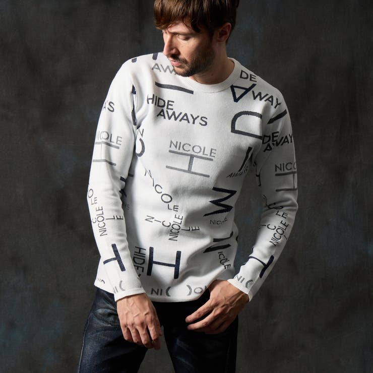 09ホワイト | ロゴジャカードクルーネックニット | NICOLE