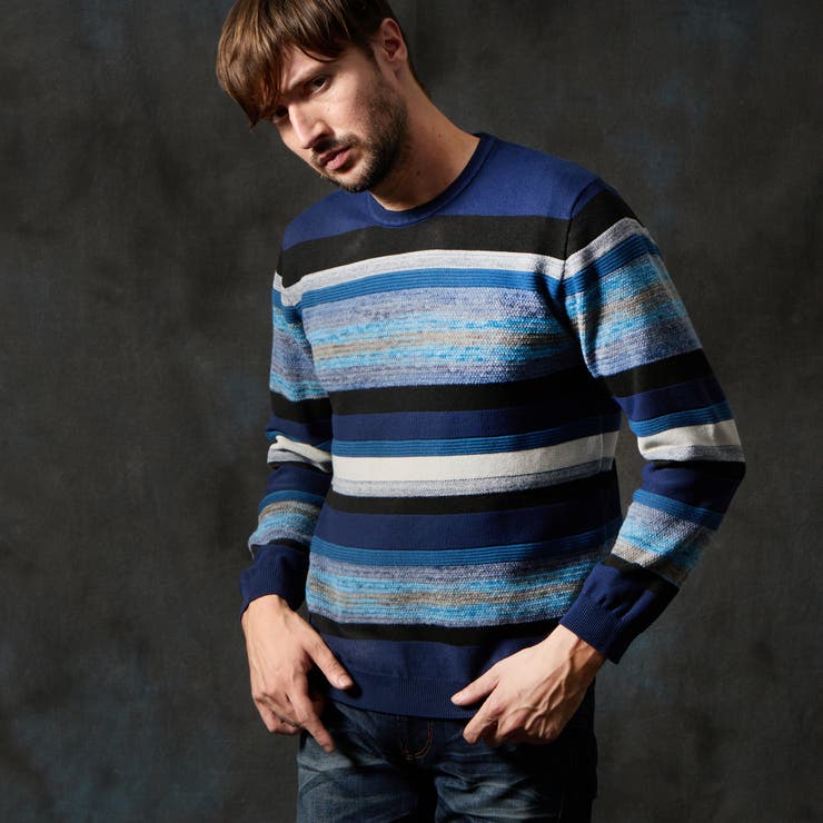 67ネイビー | カスリボーダークルーネックニット | NICOLE